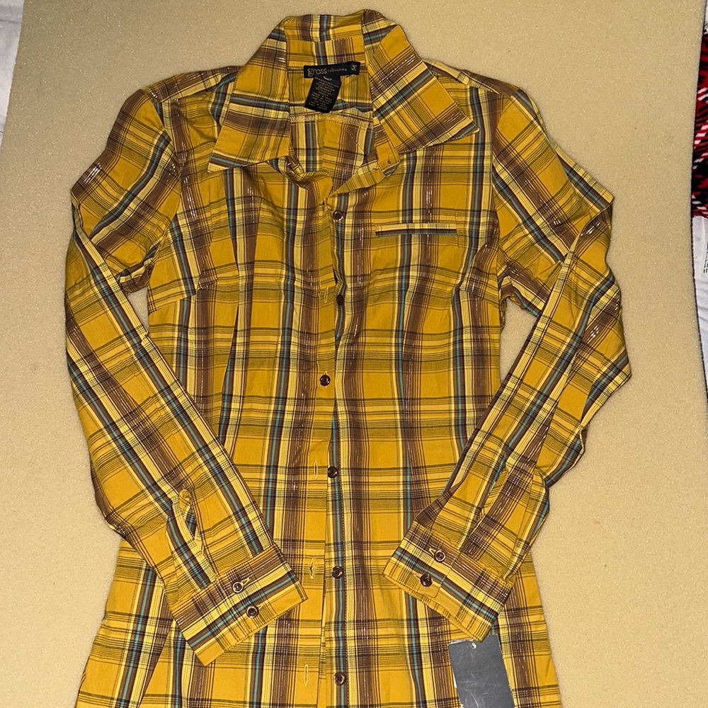 Yellow Plaid Button Down Fitted Long - Long Sleeve Top (Medium)